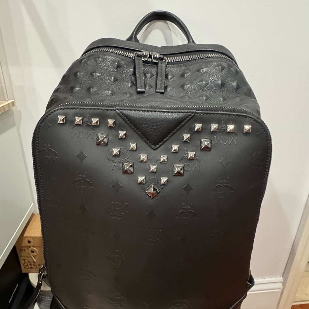 MCM Black Studded Backpack with Geometric Design